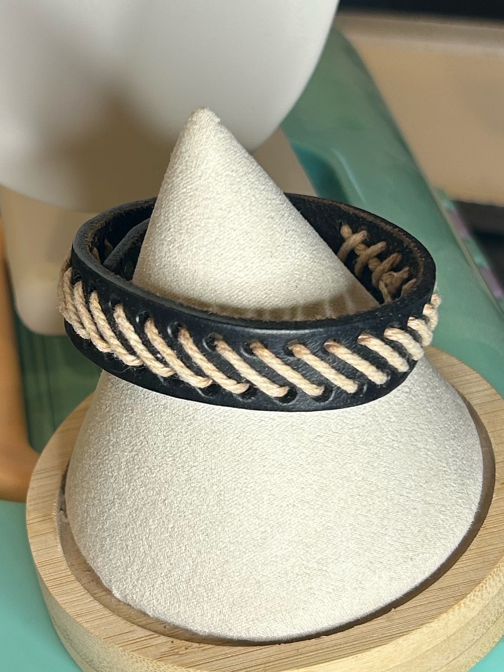 Vintage Black Leather Whipstitch Boho Western Adjustable Snap Bracelet